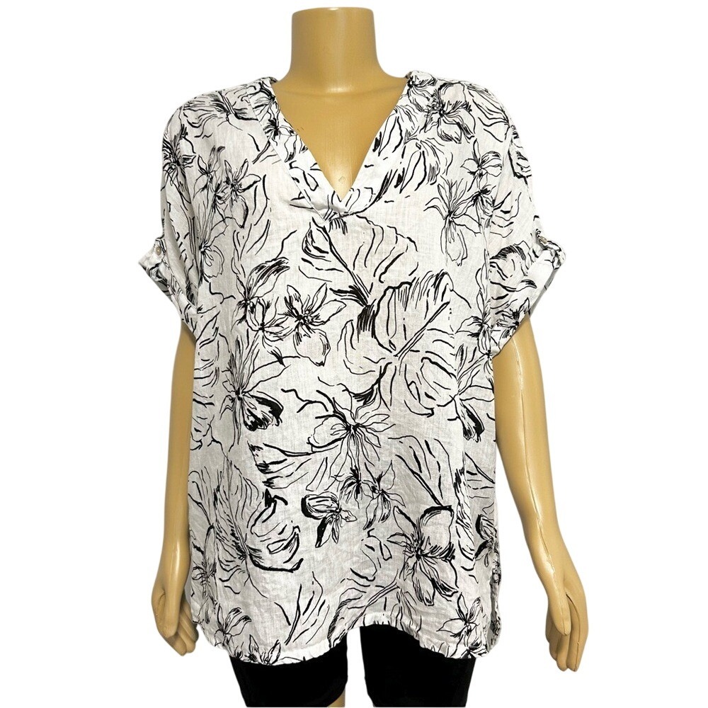 Joie Womens 100% Linen Floral V-Neck Blouse White Black Roll Tab Sleeve Top